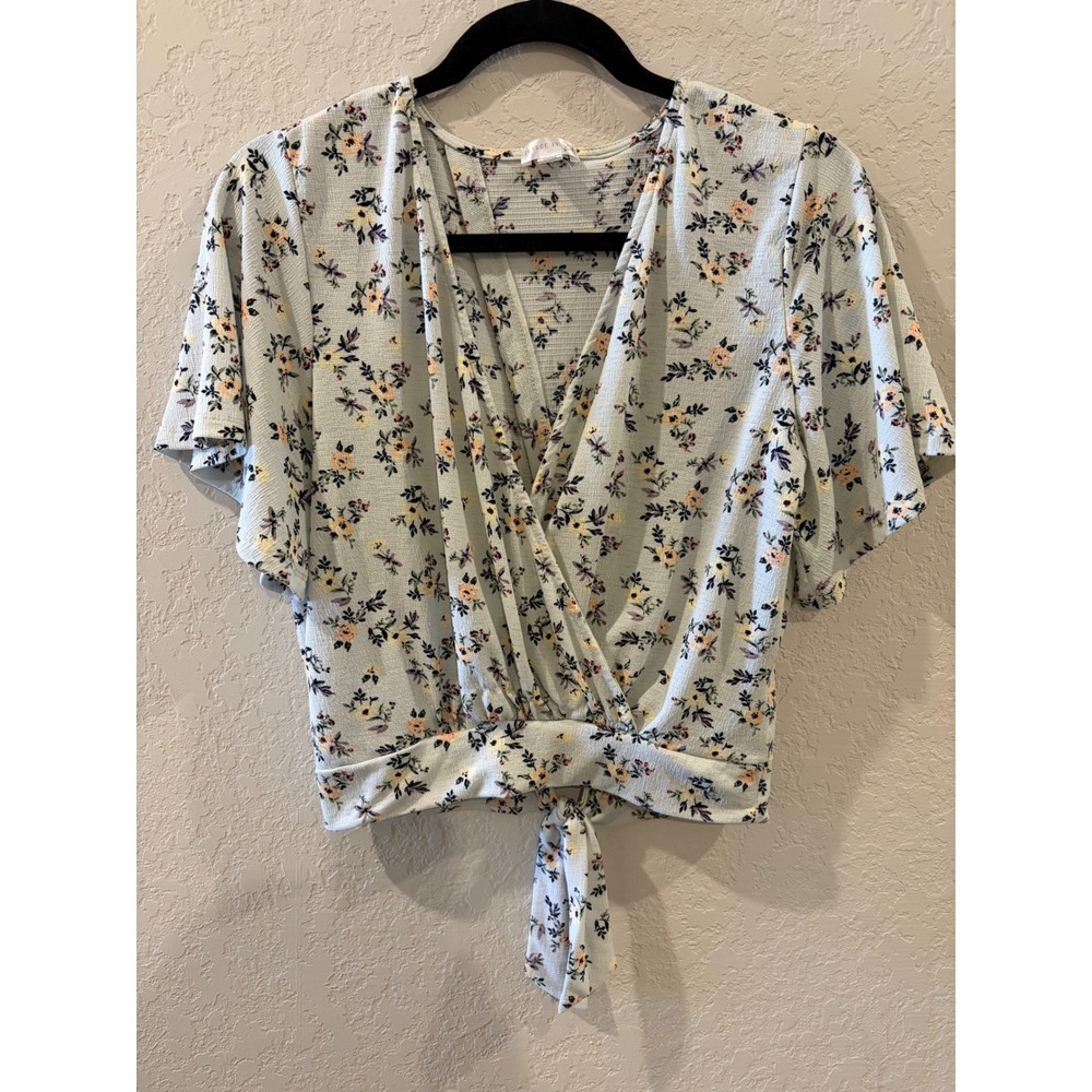 Orange Kiss Mint Green Floral Wrap Front Tie Hem Open Back Blouse Medium